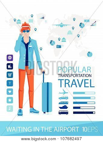Tourist with suitcases talking on the phone. Vector flat illustration. Traveler waiting to plane in the waiting area.