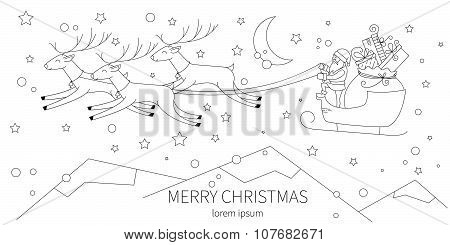 Christmas background with Santa, deers and moon.Horizontal banner. Vector illustration.