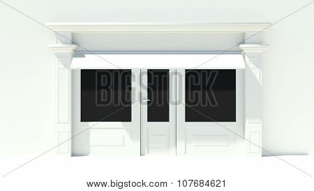 Sunny Shopfront With Large Windows White Store Facade With Awnings