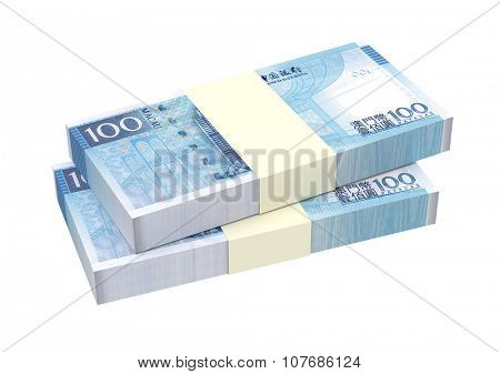 Macanese pataca bills isolated on white background. Computer generated 3D photo rendering.