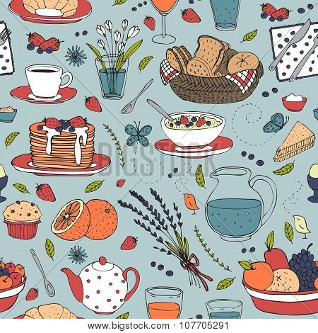 vector hand drawn seamless pattern with various cute breakfast items