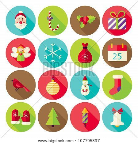 Merry Christmas Circle Icons Set With Shadow