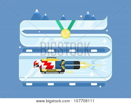Skeleton Winter Sports. Game Ice Sled, Athlete On Track Flat Vector Illustration