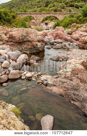 Rocks, River & Pont Du Fango At Manso In Corsica
