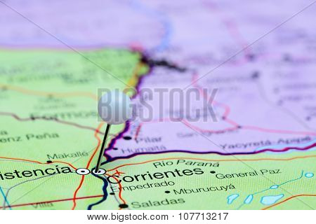 Corrientes pinned on a map of Argentina
