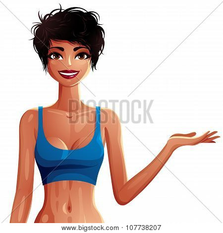Sexy Woman Upper Body Portrait. Gorgeous Lady Showing Some Empty Copy Space To Side