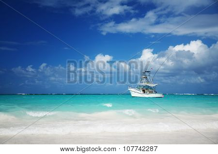 Sailing Yacht Near Beautiful Tropical Beach