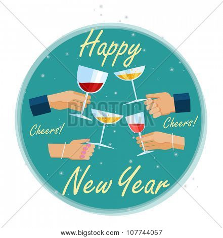 Hands holding glasses with wine and champagne, toasting and celebrating on New Years Eve.