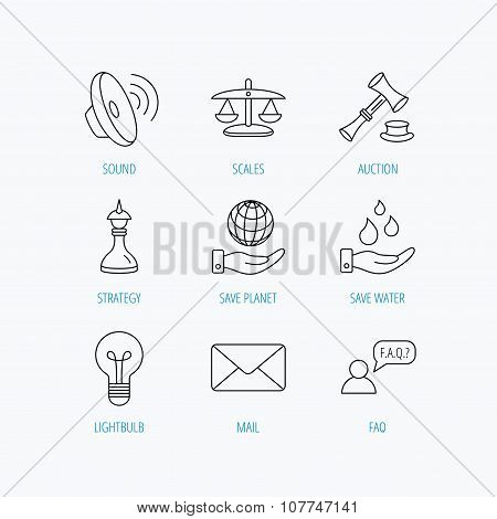 Strategy, auction and scales of justice icons.
