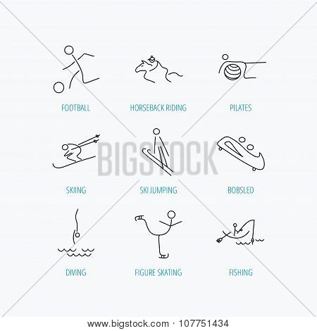 Pilates, football and skiing icons. Fishing.