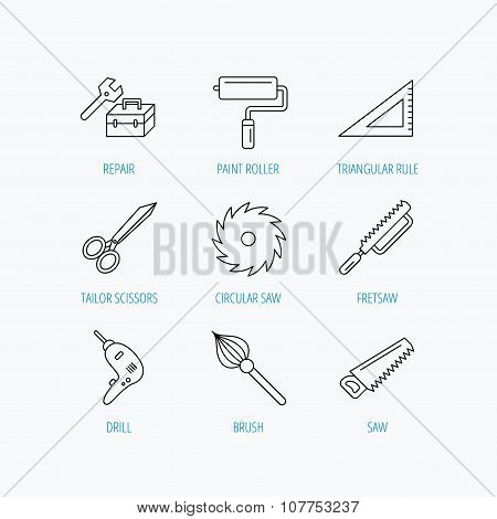 Scissors, paint roller and repair tools icons.