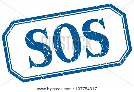 Sos Square Blue Grunge Vintage Isolated Label