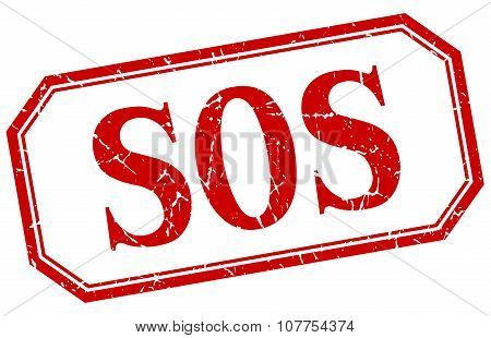 Sos Square Red Grunge Vintage Isolated Label