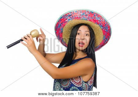 Young attractive woman wearing sombrero on white