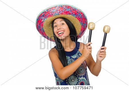 Young attractive woman wearing sombrero on white