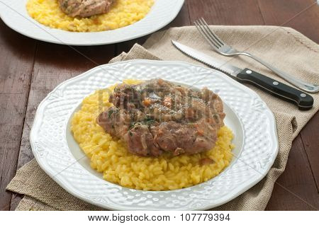 marrowbone, Veal Cut Used In Italian Cooking With Yellow Risotto Alla Milanese