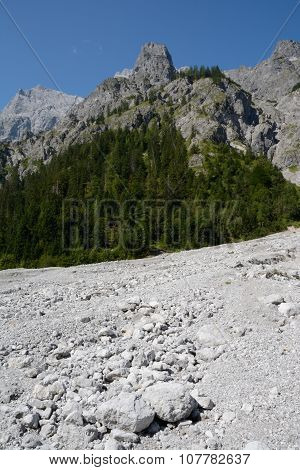 Mountainside In Wimbachtal Valley In Alps In Germany