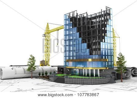 Abstract 3D Of Building Development Concept. Office Building In Process Of Construction.