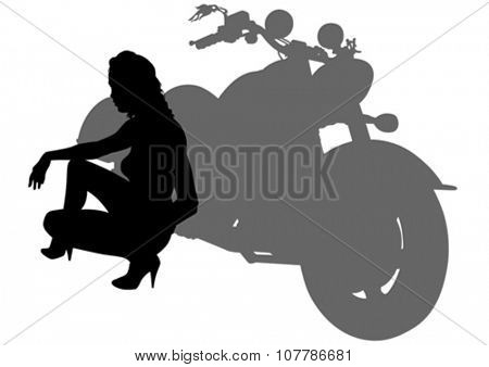Silhouettes of motorcycle and baeuty women on white background