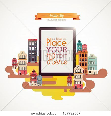 Vector illustration with tablet in town.