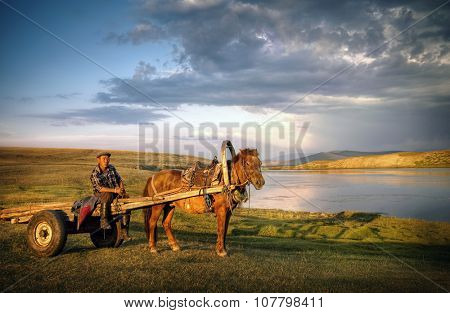 Horse Man Sitting Horse Cart Rural Remote Suburb Concept
