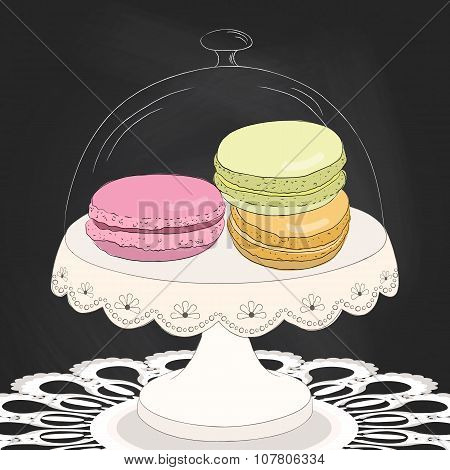 Colorful Doodle Macaroon On Plate. Sketch Macaroon. Chalkboard Background. Macaroons Handmade. Objec