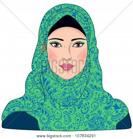 Muslim Girl Dressed In Blue-green Hijab.