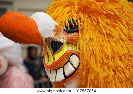 Closeup of the Waggis Basel Carnival mask in Basel, Switzerland.