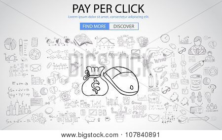 Pay Per Click concept with Doodle design style business solution, click through, analysys . Modern style illustration for web banners, brochure and flyers.