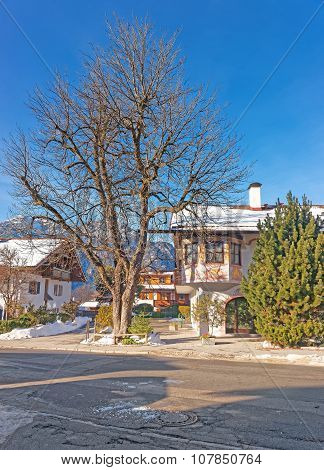 Traditional upper Bavarian-styled house with facade painting in Garmisch-Partenkirchen. It a mountain resort town in Bavaria southern Germany in the heart of the Alps.