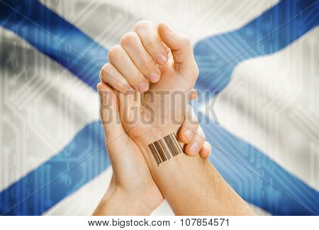 Barcode Id Number On Wrist With Canadian Province Flag On Background - Nova Scotia