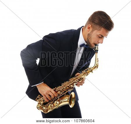 Elegant happy saxophonist plays music on sax on white background