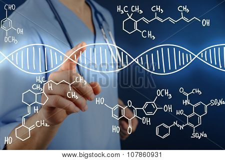 Young doctor working with drawing DNA molecule