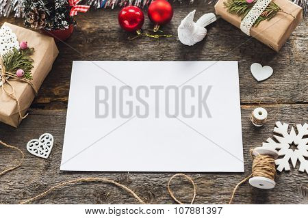 Cute vintage christmas new year gifts mock up on wooden backgrou
