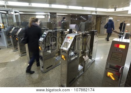 Nizhny Novgorod RUSSIA - 02.11.2015. People go through Turnstiles at the Gorkovskaya metro station.