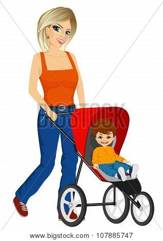 beautiful single mather pushing stroller