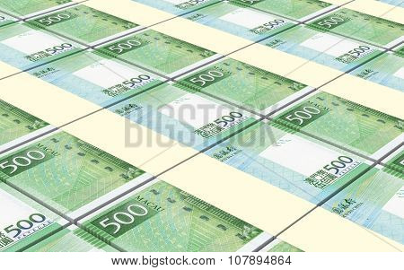 Macanese pataca bills stacked background. Computer generated 3D photo rendering.