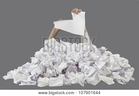 Hands With Lacerated Paper Reaches Out From Crumpled Papers