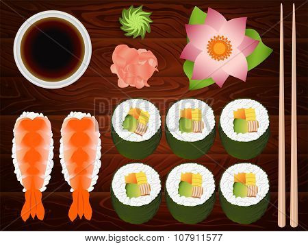 Sushi Roll Sashimi Set Soy Sause Ginger 10