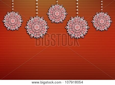 Red striped background with flowers ornament in cut paper technique.