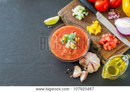 Gazpacho soup and ingredients