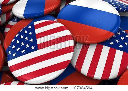 Flag Badges Of America And Russia In Pile - Concept Image For Us And Russian Relations