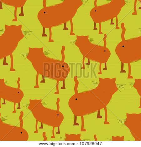 Ass Cat Seamless Pattern. Many Of Booty Red Cats. Pet Stands Back. Background Of Animals. Hilarious