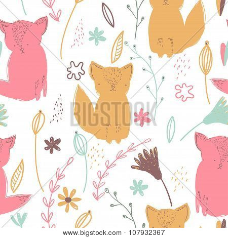 Funny cats with hand drawn pattern.