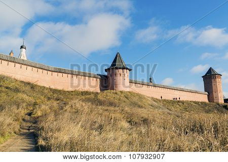 Wall of Saviour and St. Euthymius monastery in Suzdal founded in 1350. Golden Ring of a Russia Travel