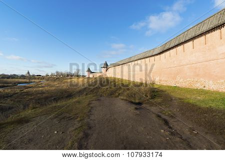 Wall of Saviour and St. Euthymius monastery in Suzdal founded in 1350. Golden Ring of a Russia Travel