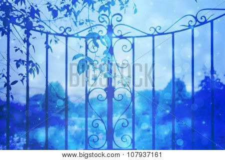 Dreamy Background With Beautiful, Old, Stylich, Garden Gate With Bokeh Lights