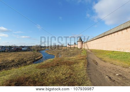 SUZDAL RUSSIA -06.11.2015. Wall of a St Euthymius monastery. Golden Ring of Travel.