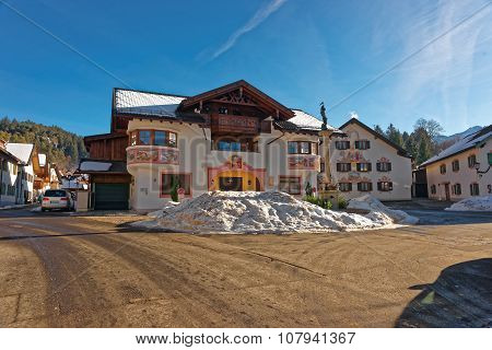 GARMISCH-PARTENKIRCHEN GERMANY - JANUARY 06 2015: Charming small Bavarian town with lovingly paintings on the facades of the houses. Garmisch-Partenkirchen Bavarian Alps Germany