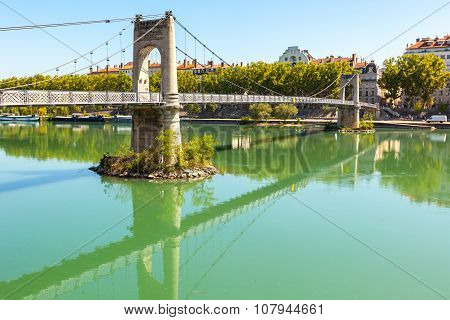 Old Passerelle Du College Bridge Over Rhone River In Lyon, France